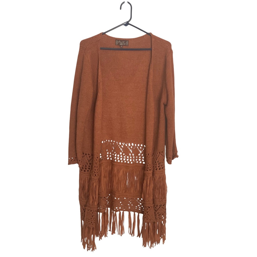 Cowgirl Legend Y2K‎ Rust Fringe Pointelle Knit Open Cardigan M Concert Boho